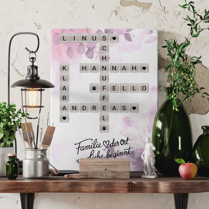 Leinwand Familie Spruch Wo Liebe beginnt mit Namen Scrabble