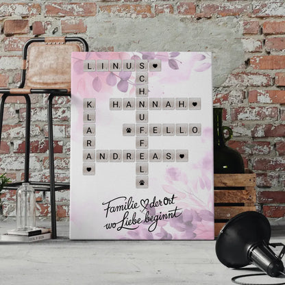 Leinwand Familie Spruch Wo Liebe beginnt mit Namen Scrabble