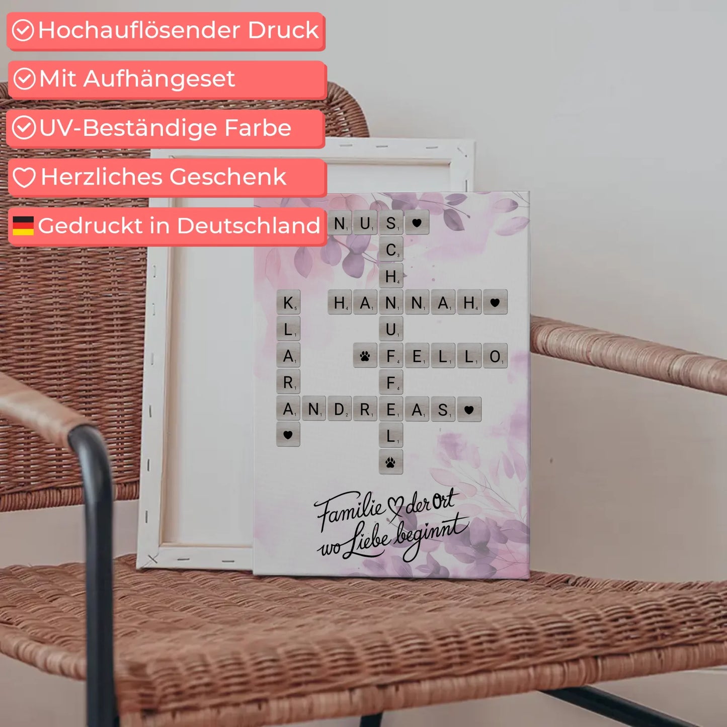 Leinwand Familie Spruch Wo Liebe beginnt mit Namen Scrabble