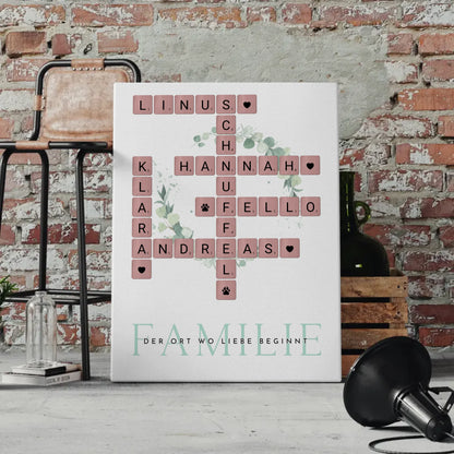 Familien Leinwand Wo Die Liebe Wohnt Kreuzworträtsel mit Namen