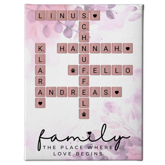 Leinwand Familie personalisiert Where The Love Begins Scrabble Stil