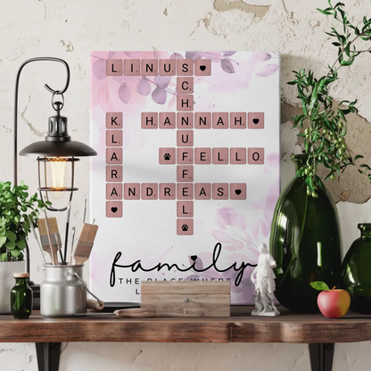 Leinwand Familie personalisiert Where The Love Begins Scrabble Stil