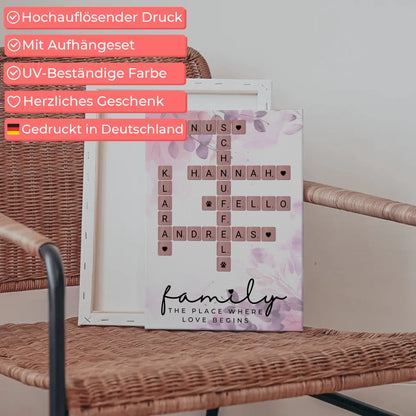 Leinwand Familie personalisiert Where The Love Begins Scrabble Stil