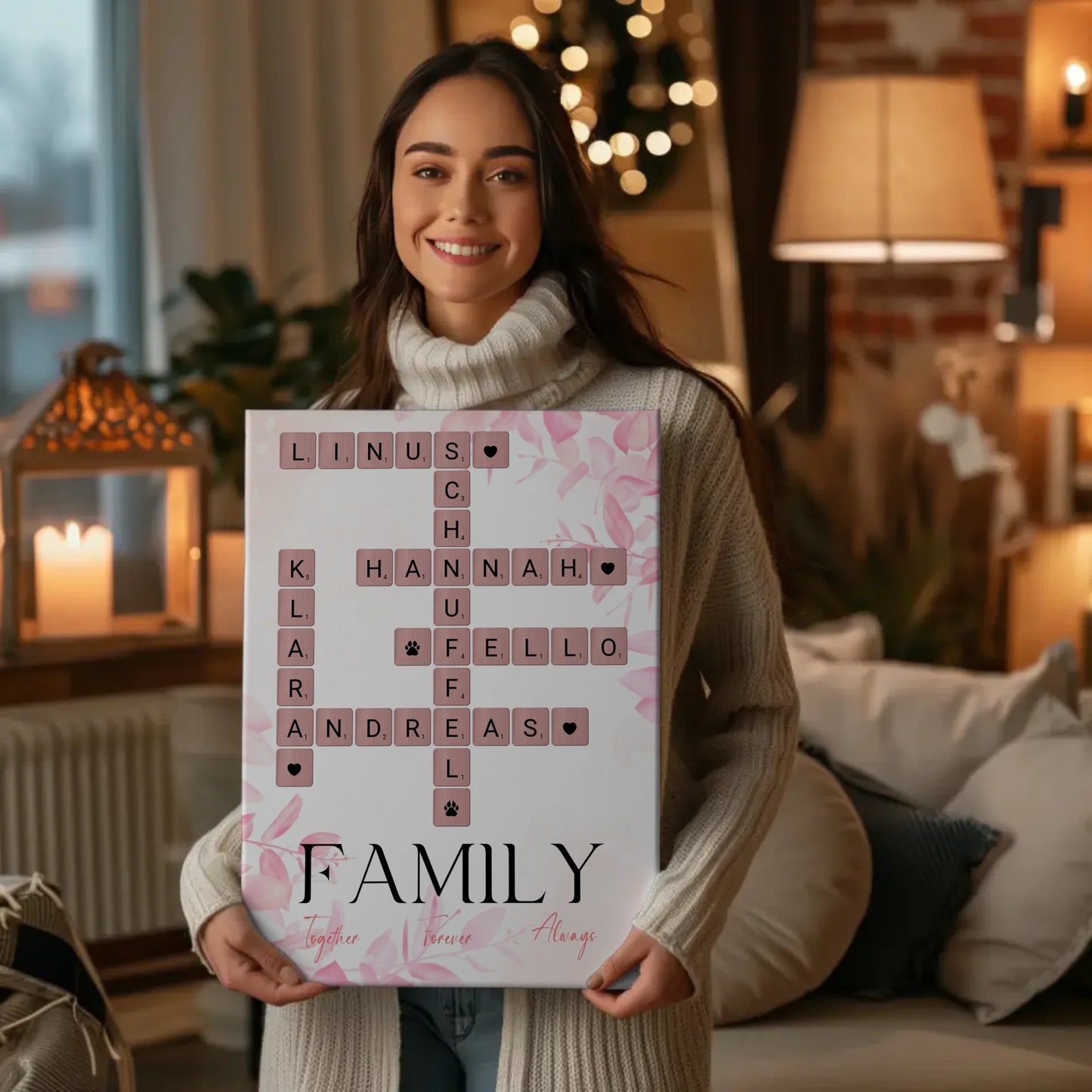 Personalisierte Fotoleinwand Family Together Namen Scrabble Design