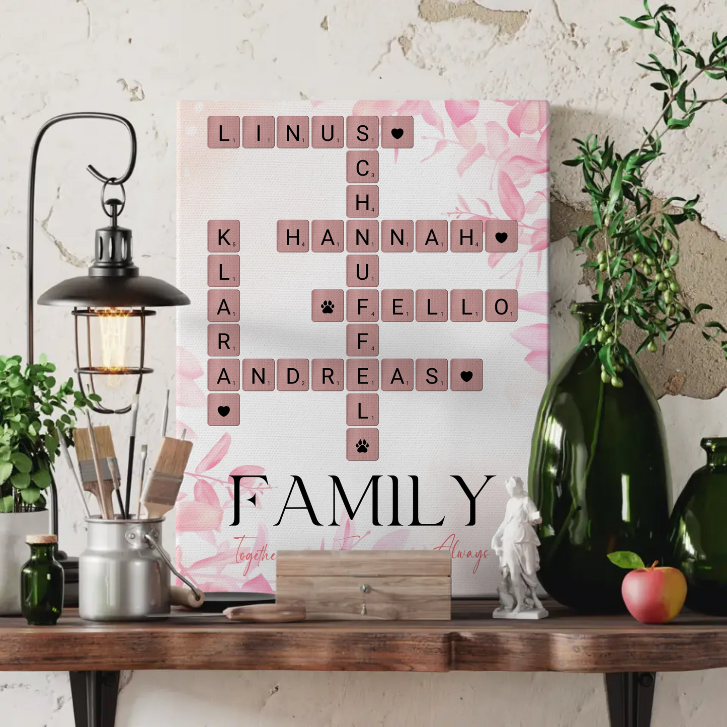 Personalisierte Fotoleinwand Family Together Namen Scrabble Design