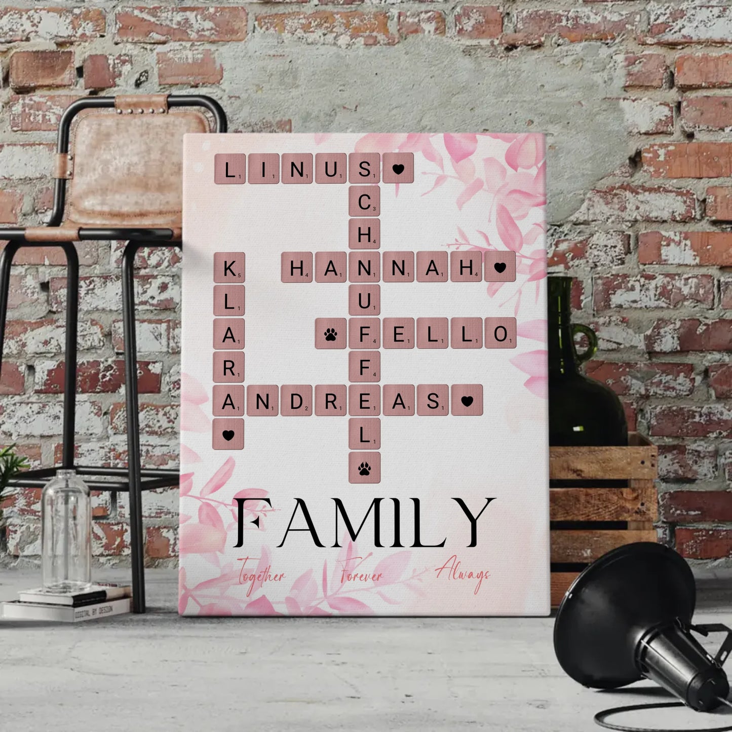 Personalisierte Fotoleinwand Family Together Namen Scrabble Design