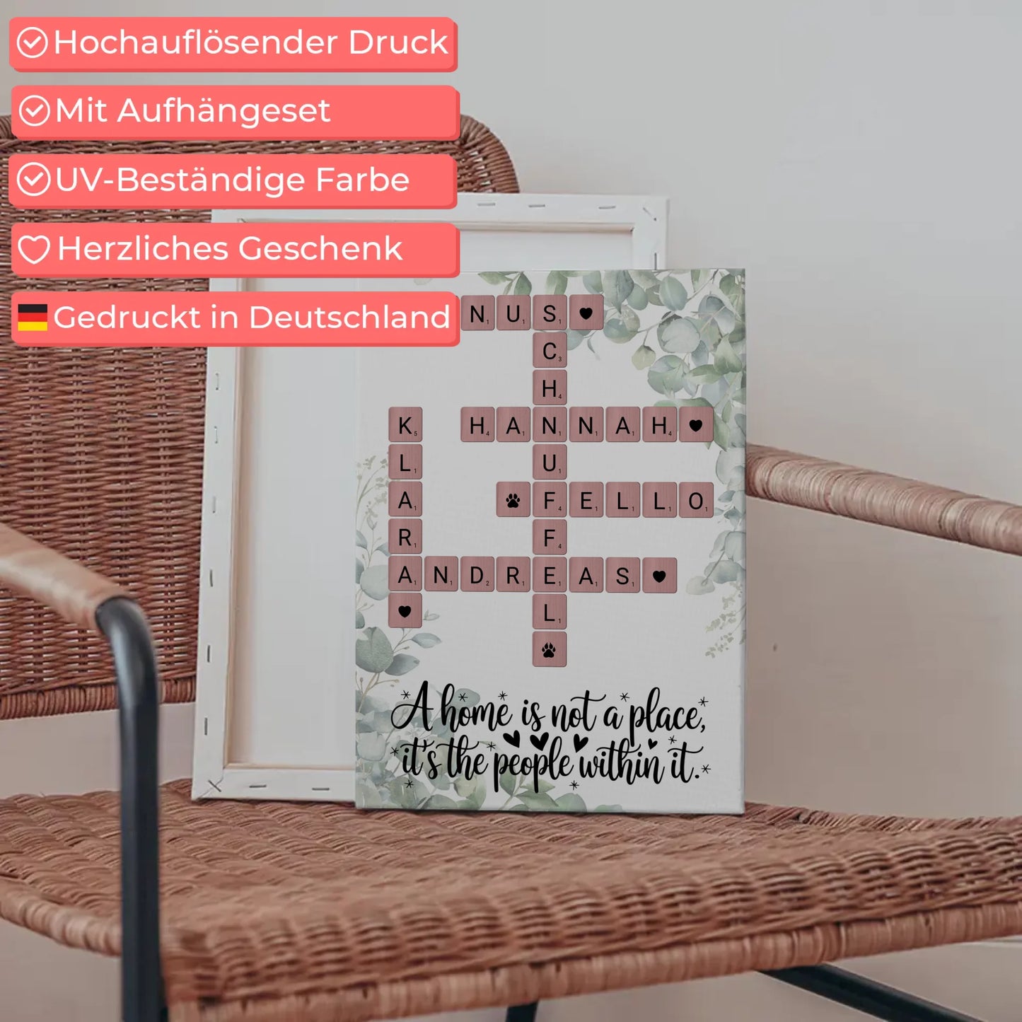 Familien Leinwand Home is Kreuzworträtsel mit Namen Wunschtext