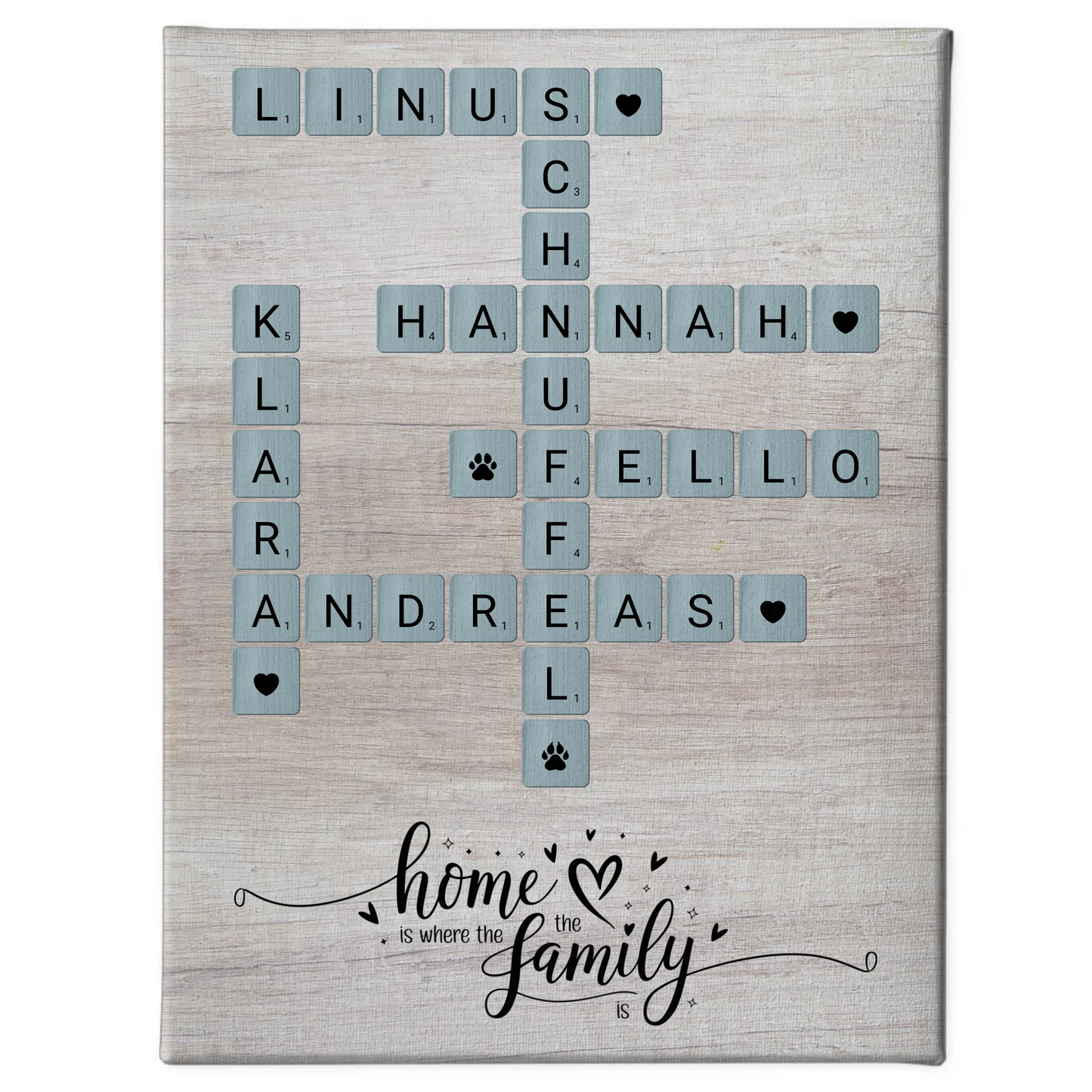 Leinwand Spruch Familie Home is where the family is Scrabble Stil mit Namen