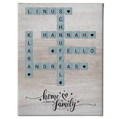 Leinwand Spruch Familie Home is where the family is Scrabble Stil mit Namen