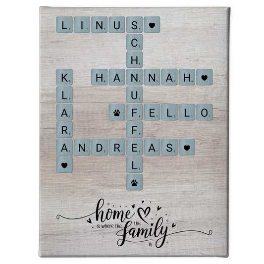 Leinwand Spruch Familie Home is where the family is Scrabble Stil mit Namen