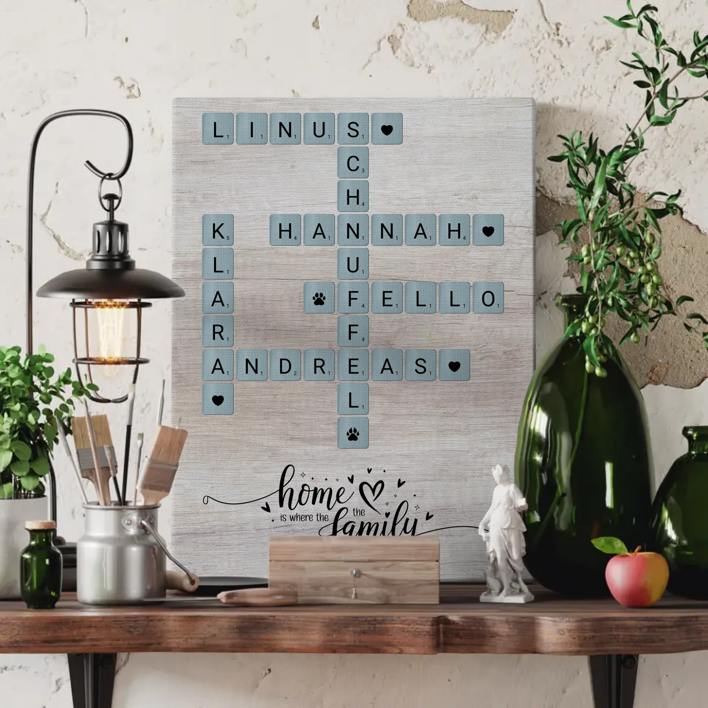 Leinwand Spruch Familie Home is where the family is Scrabble Stil mit Namen