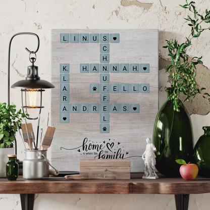 Leinwand Spruch Familie Home is where the family is Scrabble Stil mit Namen