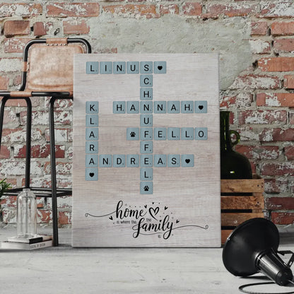 Leinwand Spruch Familie Home is where the family is Scrabble Stil mit Namen