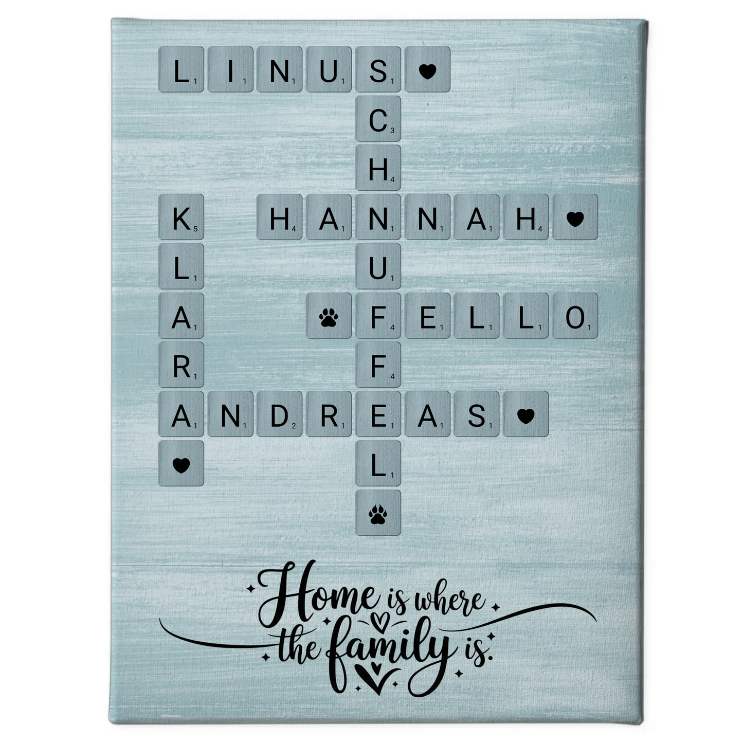 Personalisierte Fotoleinwand Home is where the family is Kreuzworträtsel mit Namen Wunschtext