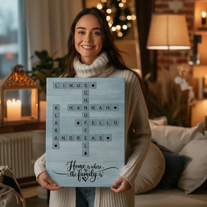 Personalisierte Fotoleinwand Home is where the family is Kreuzworträtsel mit Namen Wunschtext