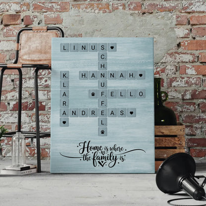 Personalisierte Fotoleinwand Home is where the family is Kreuzworträtsel mit Namen Wunschtext