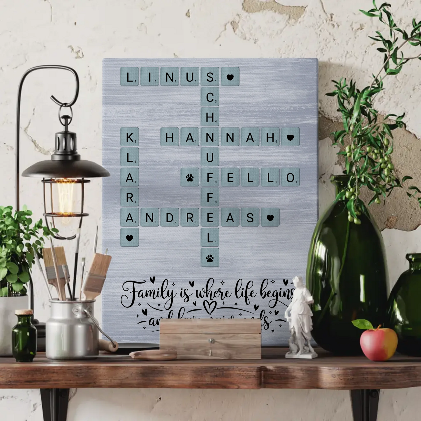 Personalisierte Fotoleinwand Familie mit Namen und Wunschtext