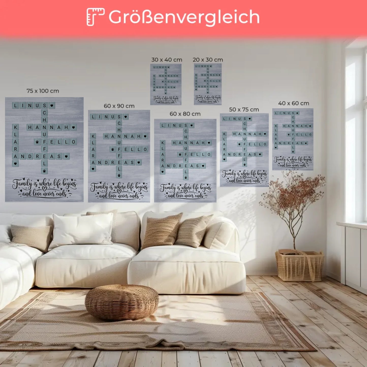 Personalisierte Fotoleinwand Familie mit Namen und Wunschtext