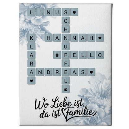 Leinwand Familienbild Personalisiert Wo Liebe ist da ist Familie mit Namen im Scrabble Design