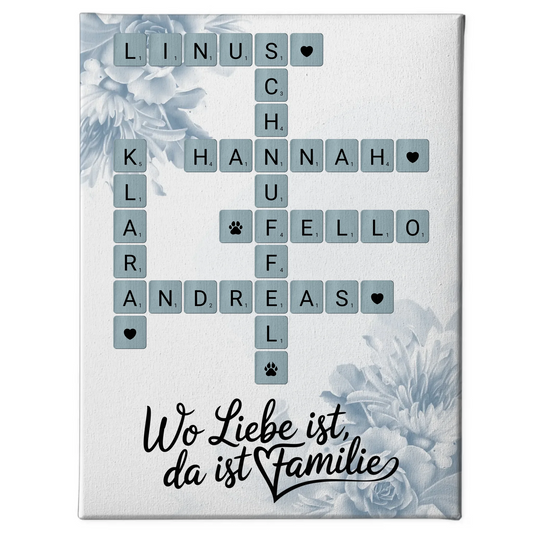 Leinwand Familienbild Personalisiert Wo Liebe ist da ist Familie mit Namen im Scrabble Design
