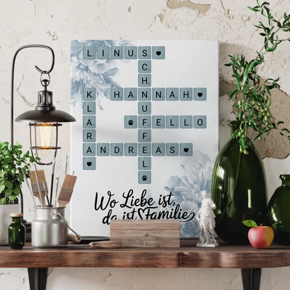 Leinwand Familienbild Personalisiert Wo Liebe ist da ist Familie mit Namen im Scrabble Design