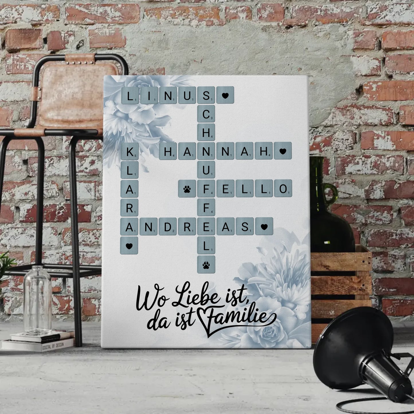 Leinwand Familienbild Personalisiert Wo Liebe ist da ist Familie mit Namen im Scrabble Design