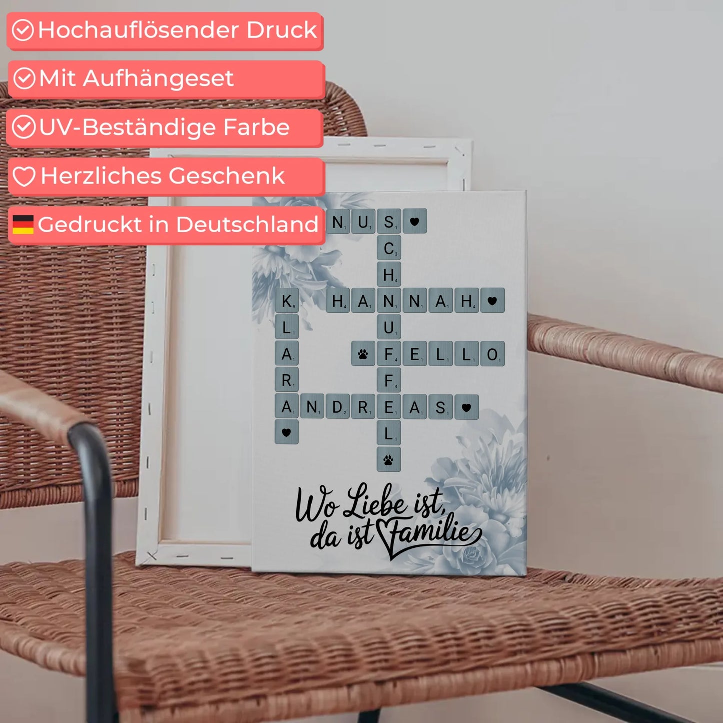 Leinwand Familienbild Personalisiert Wo Liebe ist da ist Familie mit Namen im Scrabble Design
