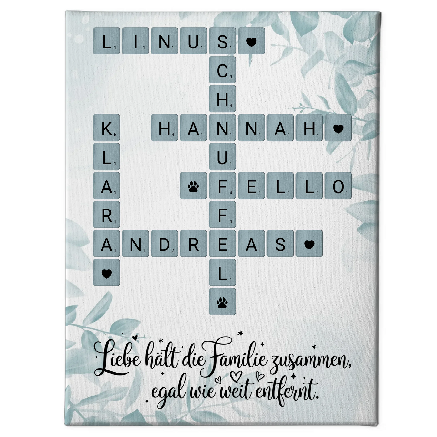 Leinwand Familie personalisiert Kreuzworträtsel mit Namen Wunschtext