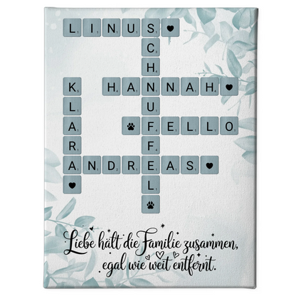 Leinwand Familie personalisiert Kreuzworträtsel mit Namen Wunschtext