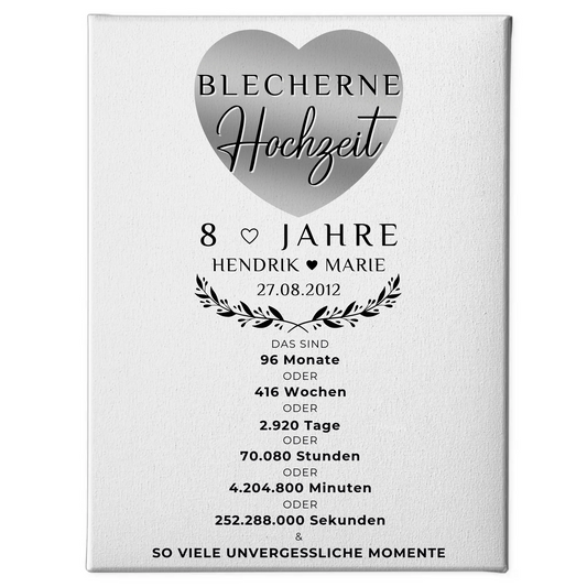 Personalisierte Fotoleinwand zum 8 Hochzeitstag Geschenk für Blecherne Hochzeit