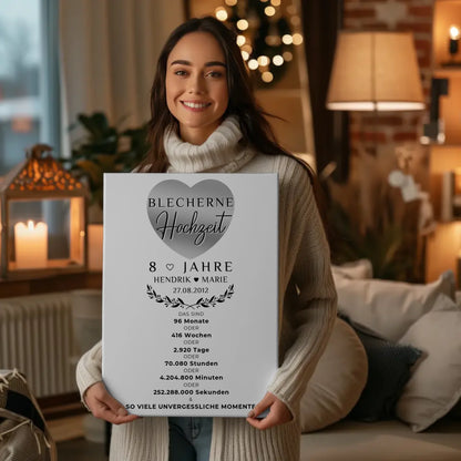 Personalisierte Fotoleinwand zum 8 Hochzeitstag Geschenk für Blecherne Hochzeit