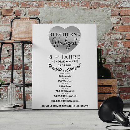 Personalisierte Fotoleinwand zum 8 Hochzeitstag Geschenk für Blecherne Hochzeit