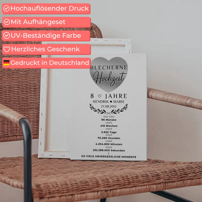 Personalisierte Fotoleinwand zum 8 Hochzeitstag Geschenk für Blecherne Hochzeit