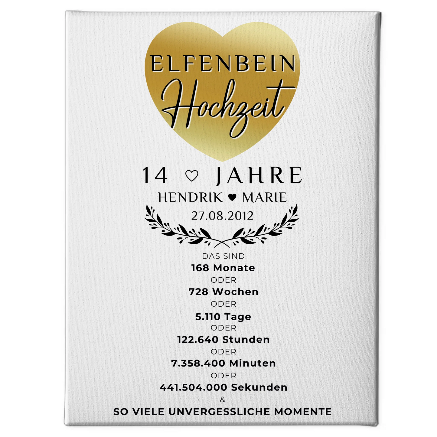 Personalisierte Fotoleinwand zum 14 Hochzeitstag Elfenbeinhochzeit