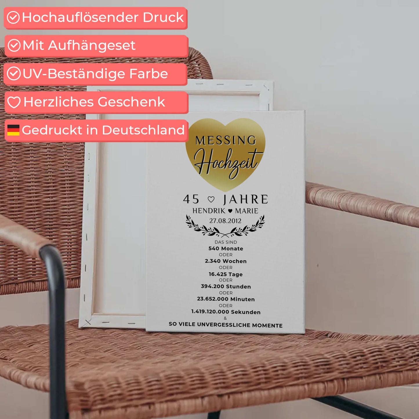 Personalisierte Fotoleinwand für 45 Hochzeitstag Messinghochzeit