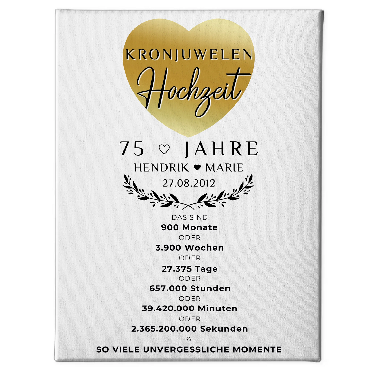 Personalisierte Fotoleinwand 75 Hochzeitstag Geschenk Kronjuwelenhochzeit