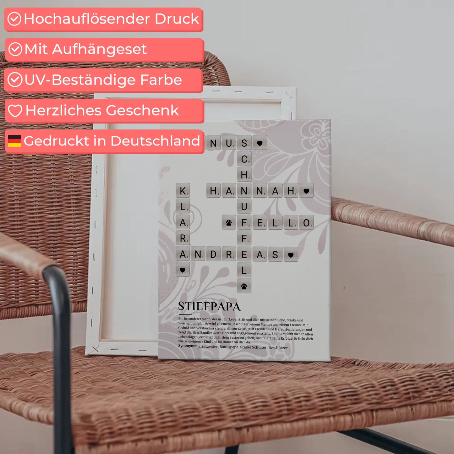 Personalisierte Fotoleinwand mit Definition Stiefpapa Kreuzworträtsel