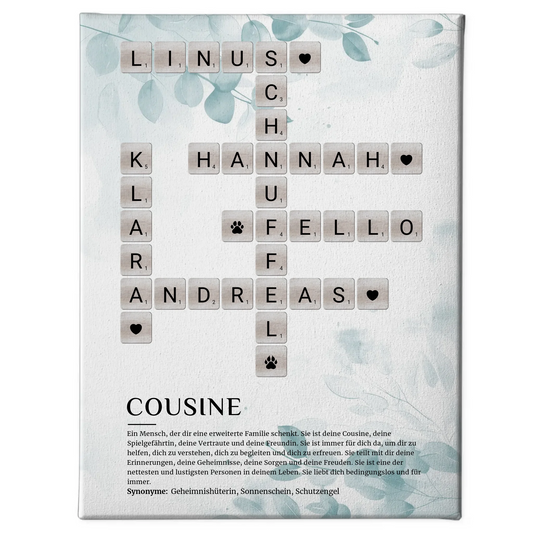 Personalisierte Leinwand Cousine Definition mit Bild Kreuzworträtsel