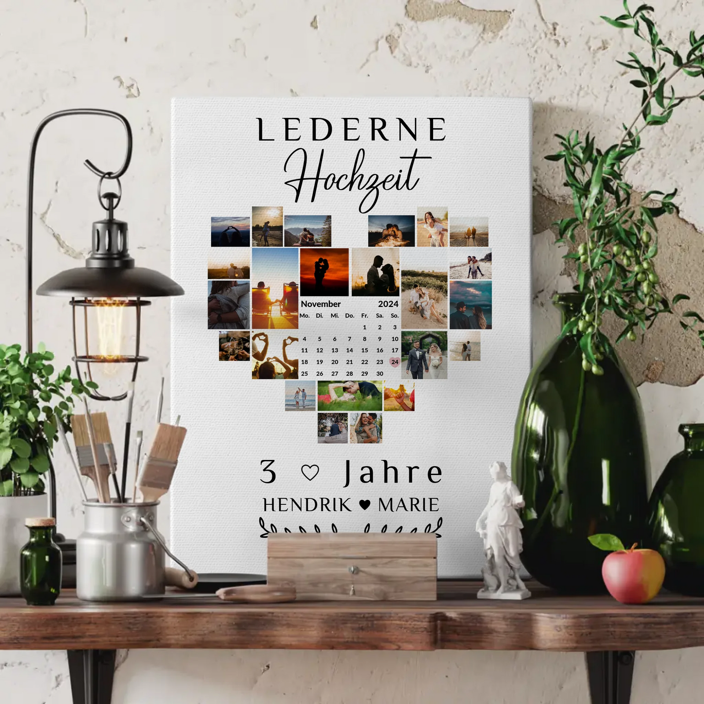 Leinwand mit Kalender 3 Hochzeitstag Geschenk für Lederne Hochzeit