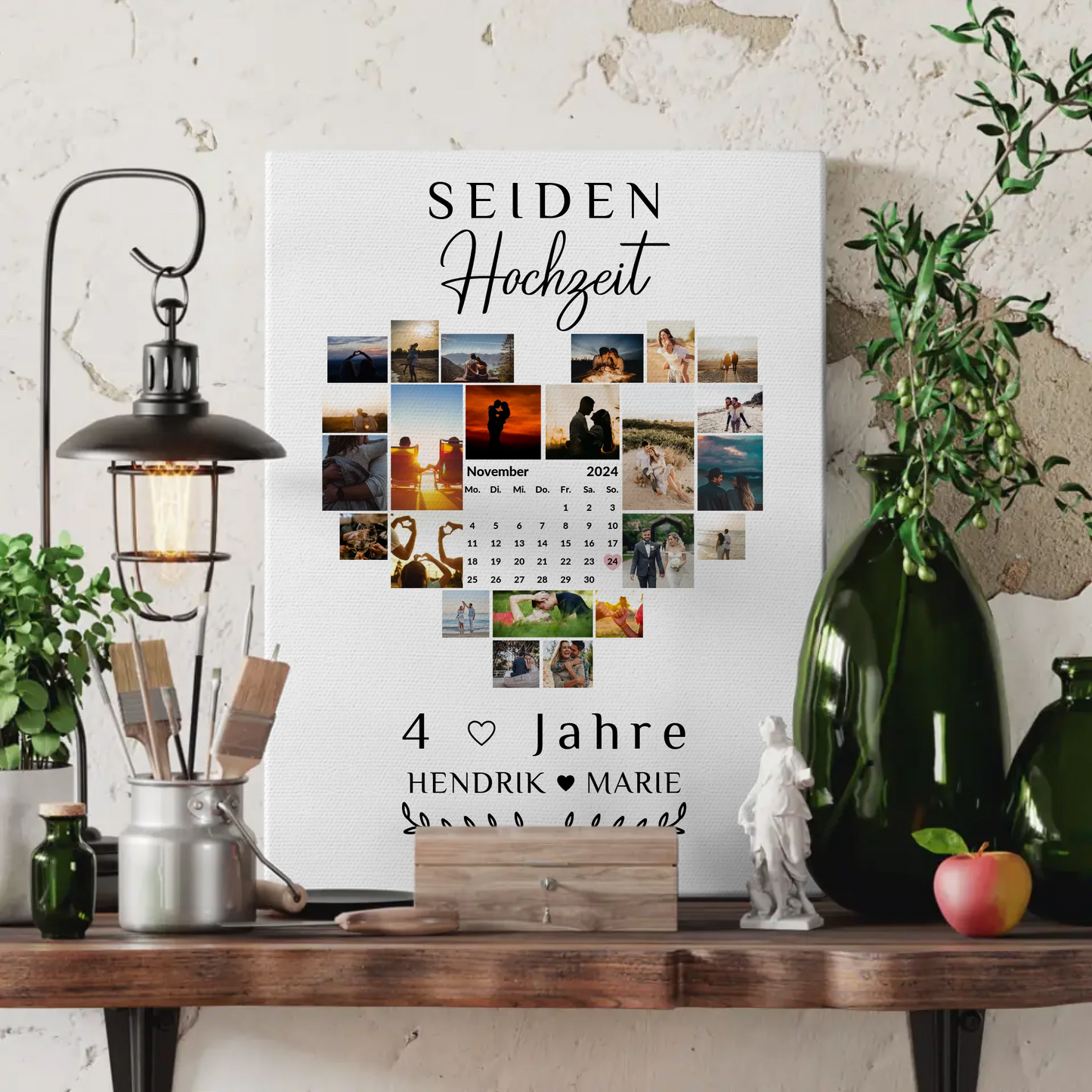 Leinwand mit Kalender für 4 Hochzeitstag Geschenk Seidenhochzeit