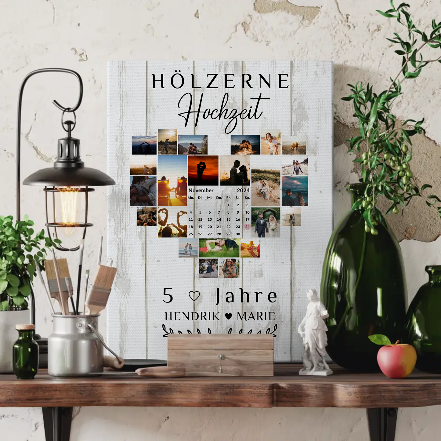 Leinwand mit Kalender für den 5 Hochzeitstag Hölzerne Hochzeit