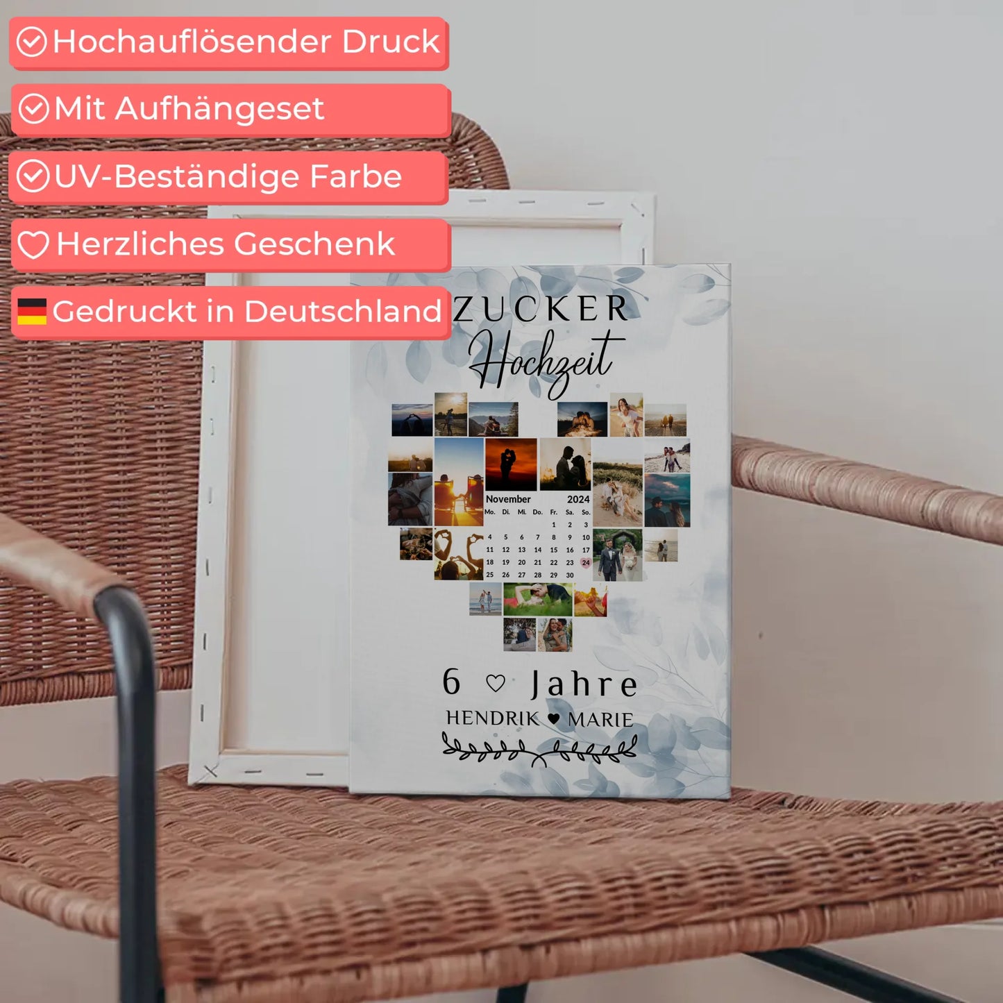 Leinwand mit Kalender 6 Hochzeitstag Geschenk für Zuckerhochzeit