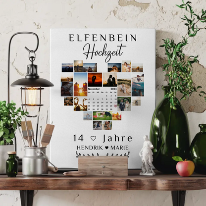 Leinwand mit Kalender 14 Hochzeitstag Geschenk Elfenbeinhochzeit