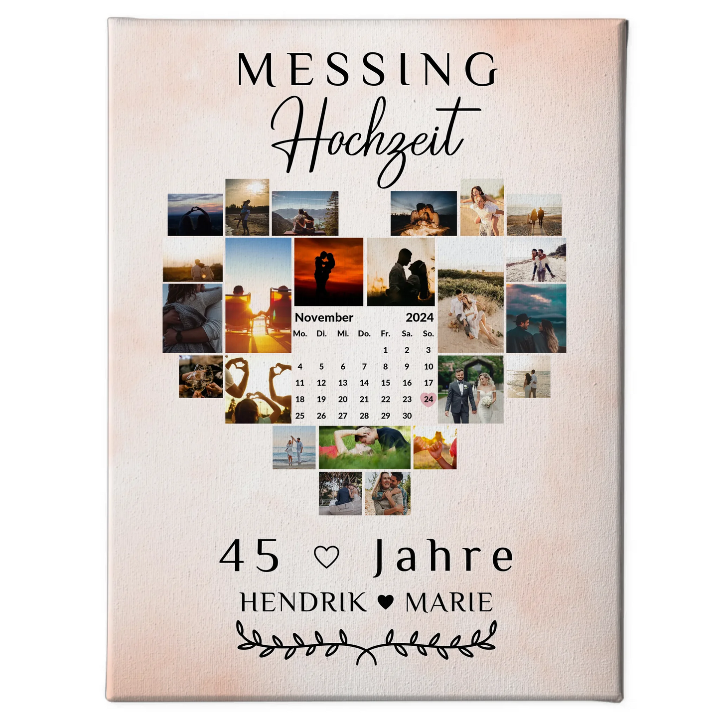 Leinwand mit Kalender 45 Hochzeitstag Geschenk Messinghochzeit