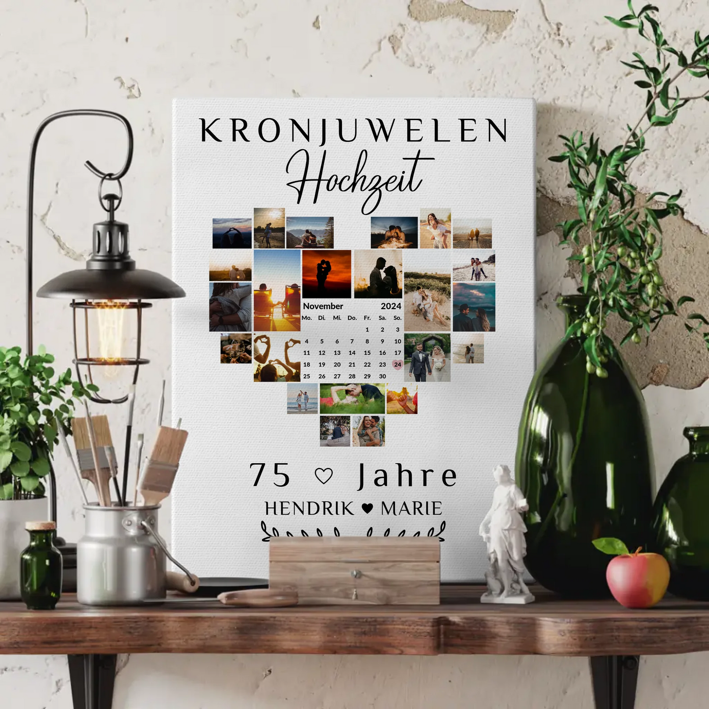 Leinwand mit Kalender 75 Hochzeitstag Geschenk für Kronjuwelenhochzeit