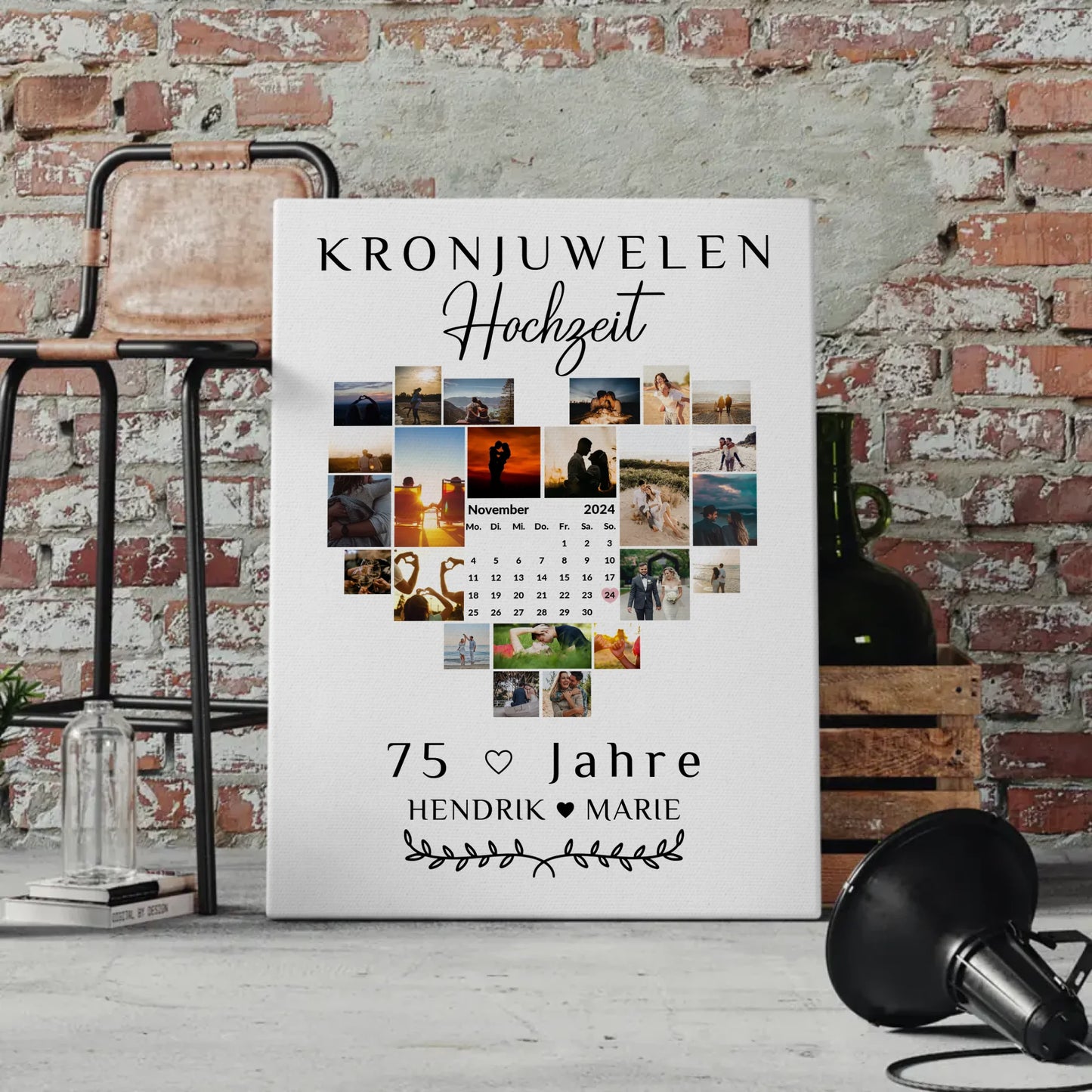 Leinwand mit Kalender 75 Hochzeitstag Geschenk für Kronjuwelenhochzeit