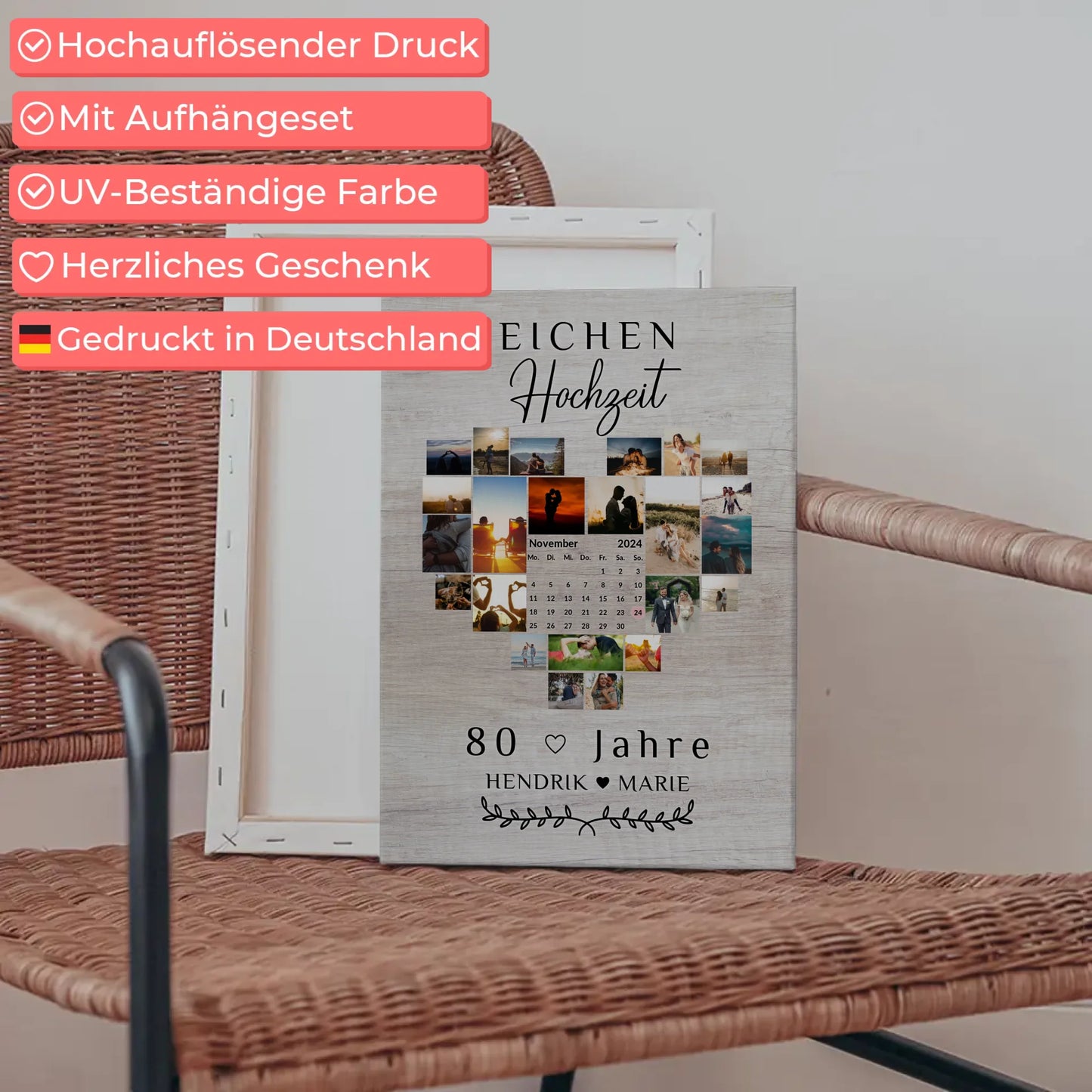 Leinwand mit Kalender zum 80 Hochzeitstag Eichenhochzeit Geschenk