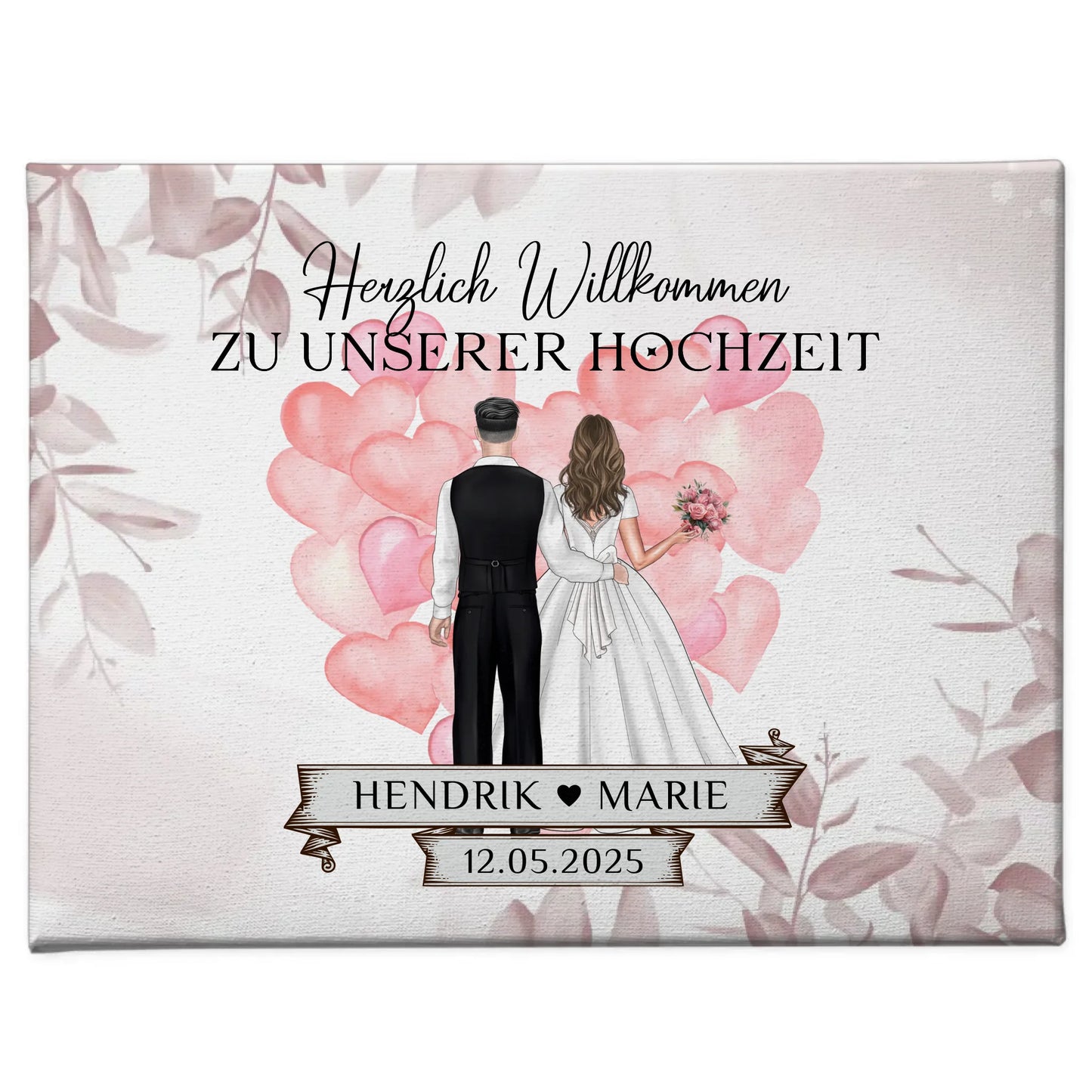 Willkommensschild Hochzeit mit Herz Ballons und Leinwand