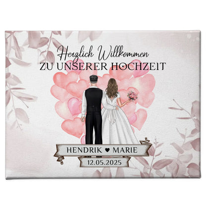 Willkommensschild Hochzeit mit Herz Ballons und Leinwand