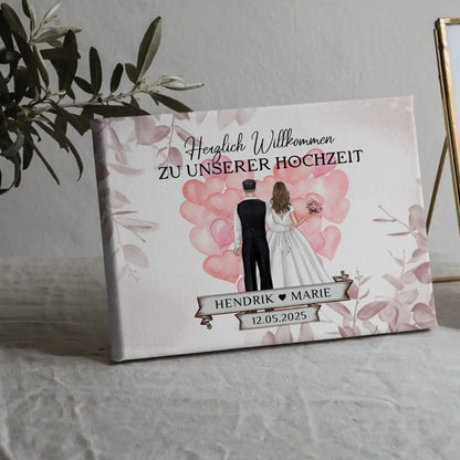 Willkommensschild Hochzeit mit Herz Ballons und Leinwand